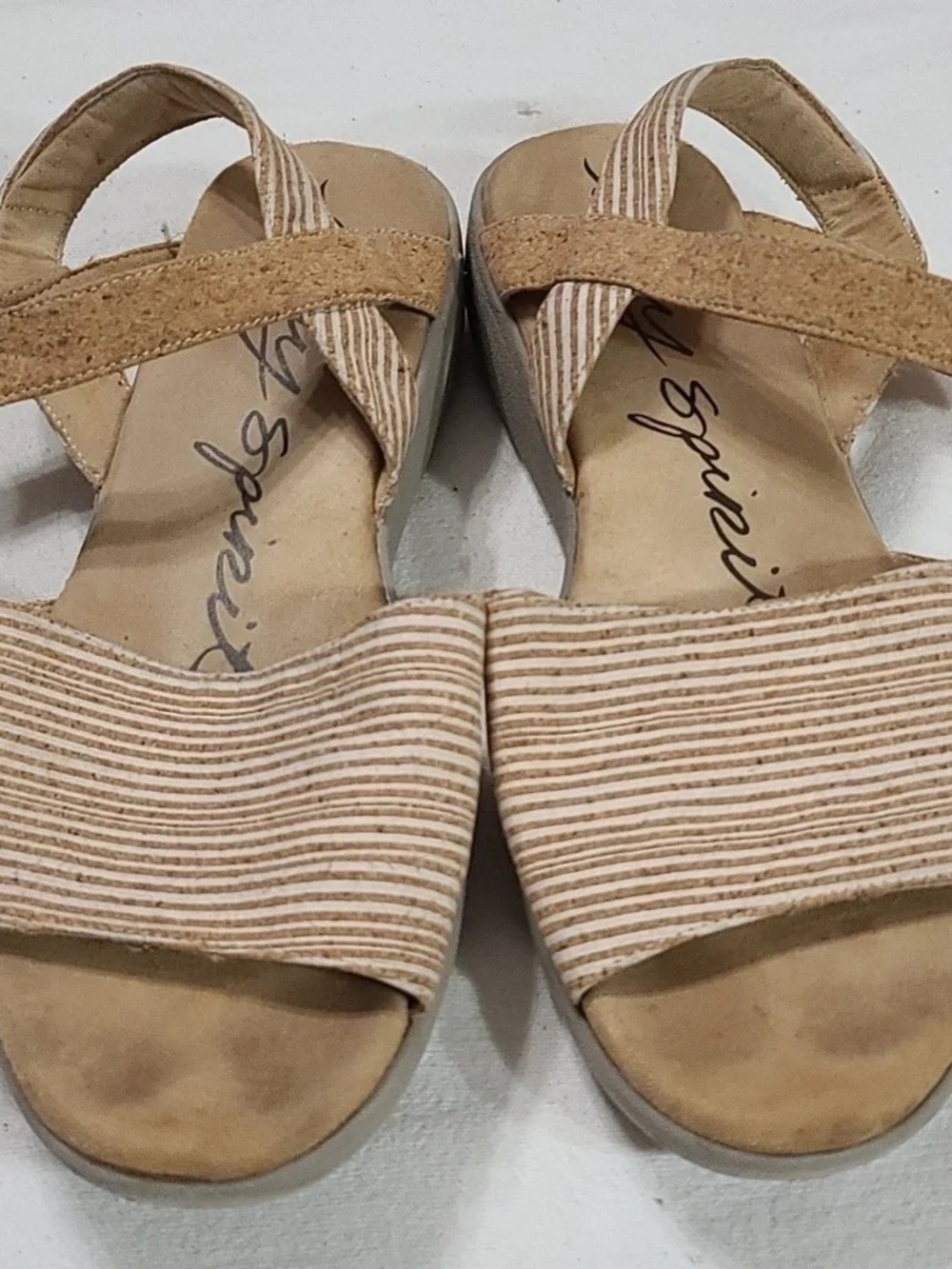 Striped Tan Wedge Sandals with Elastic Cross Strap